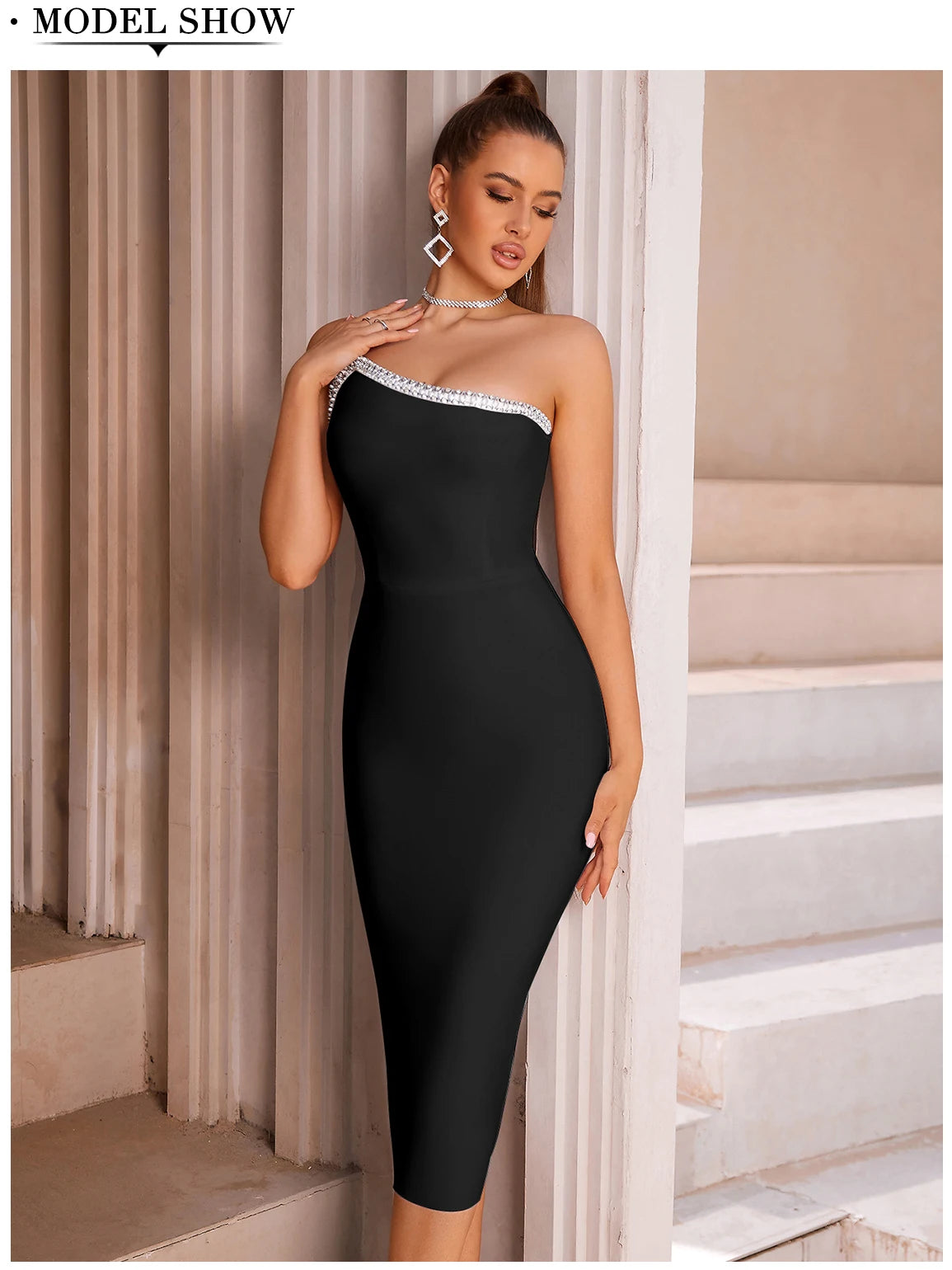 Olivia Summer One Shoulder Bodycon Bandage Dress For Women Sexy Sleeveless Diamonds Midi Evening Runway Party Female Dresses