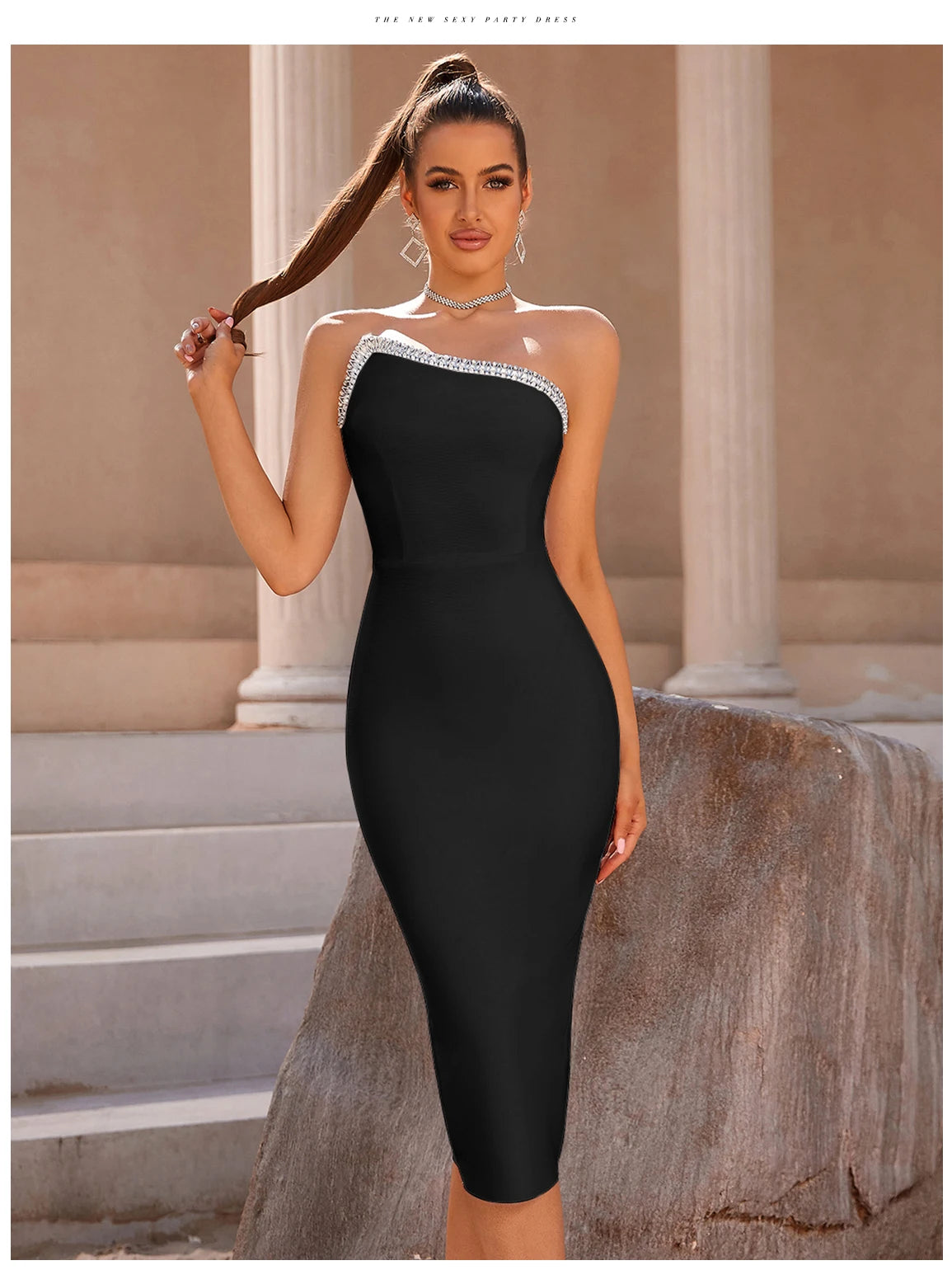 Olivia Summer One Shoulder Bodycon Bandage Dress For Women Sexy Sleeveless Diamonds Midi Evening Runway Party Female Dresses