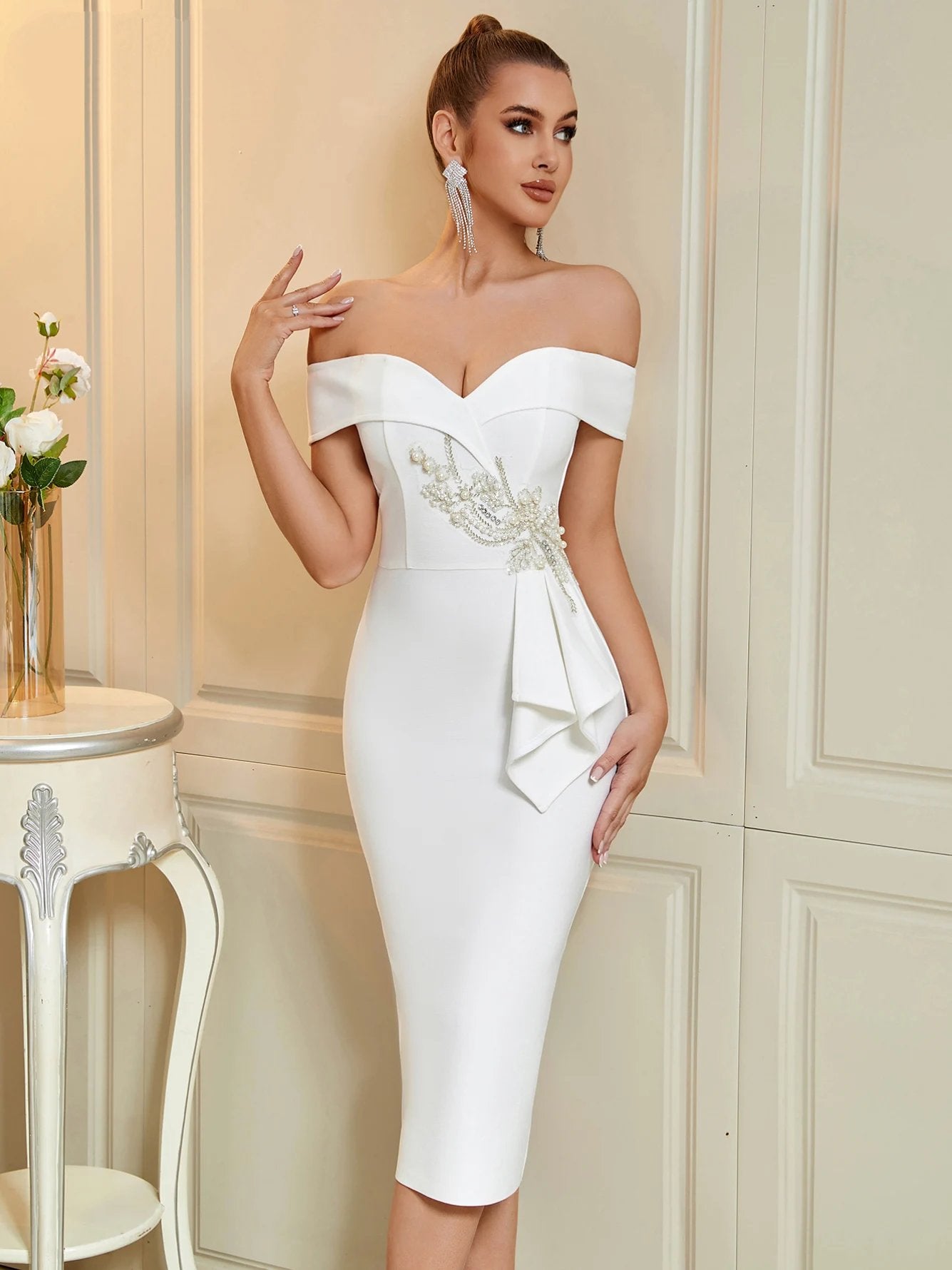 Olivia New Summer For Women Sleeveless Bodycon Club Party Dresses Vestidos Off Shoulder Beaded Floral Bandage Dress