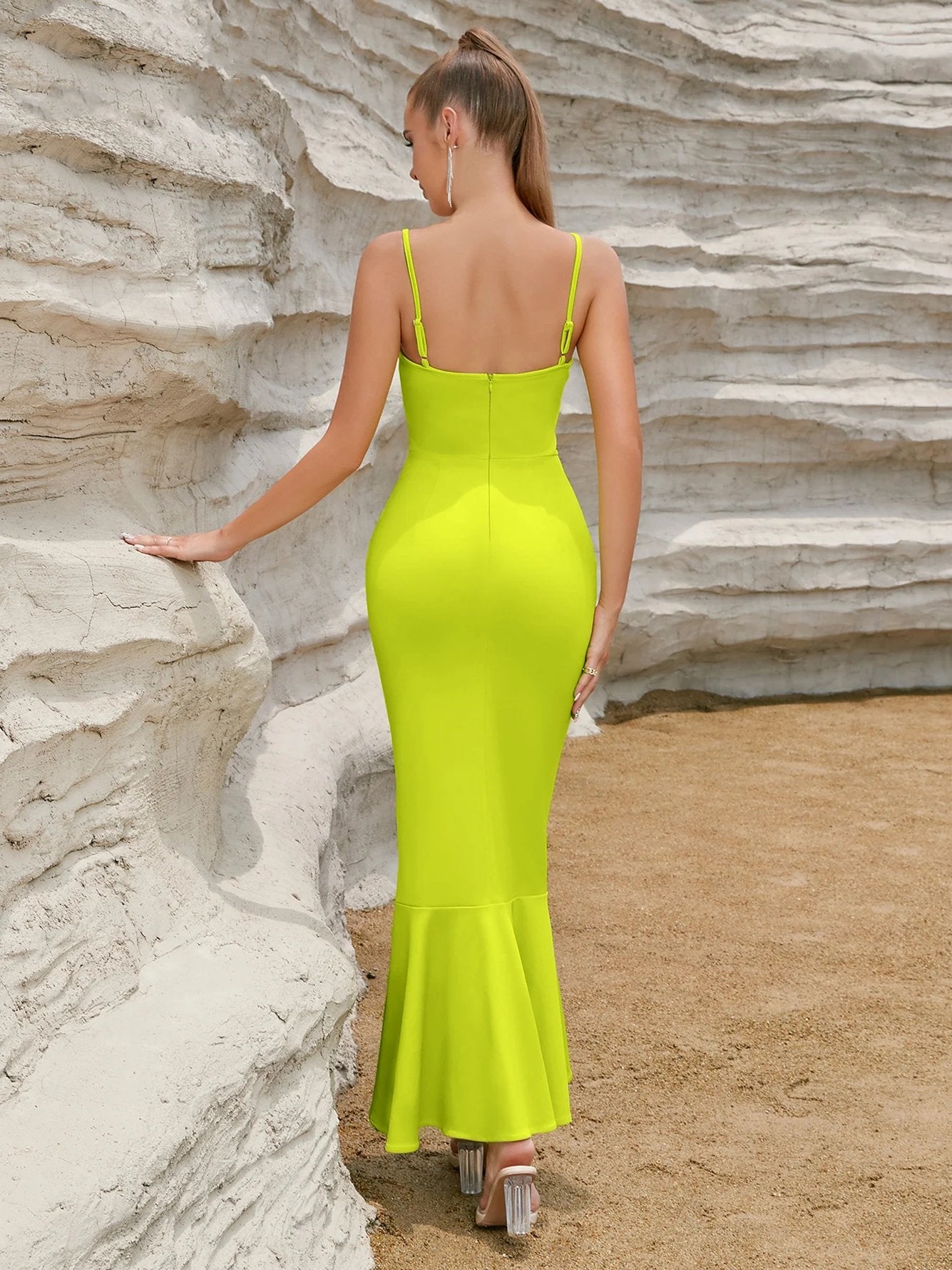 Olivia Ruffles Spaghetti Strap Fashion Women Dress Summer V Neck Yellow Sleeveless Celebrity Evening Club Casual Party Maxi Dress