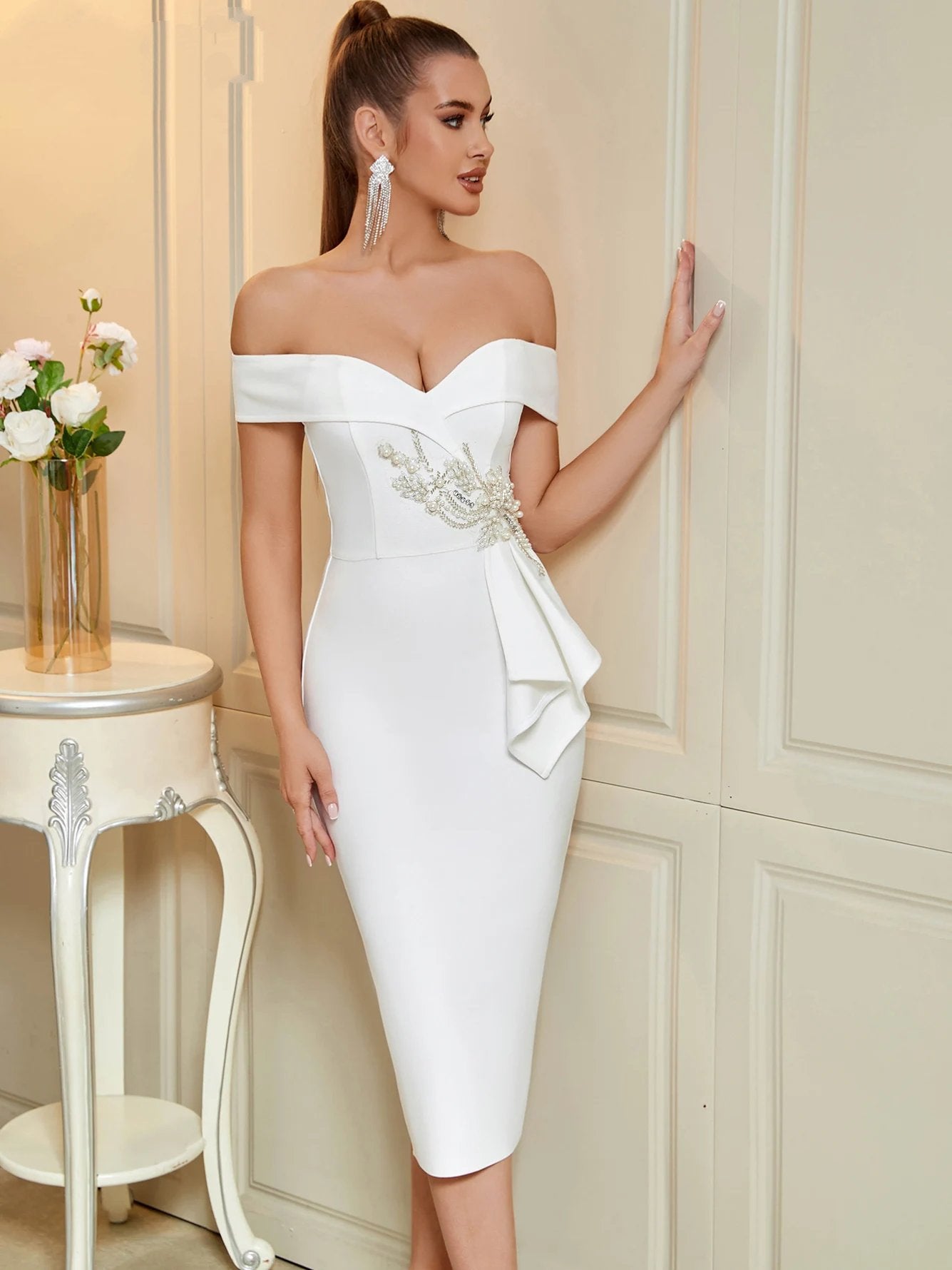 Olivia New Summer For Women Sleeveless Bodycon Club Party Dresses Vestidos Off Shoulder Beaded Floral Bandage Dress