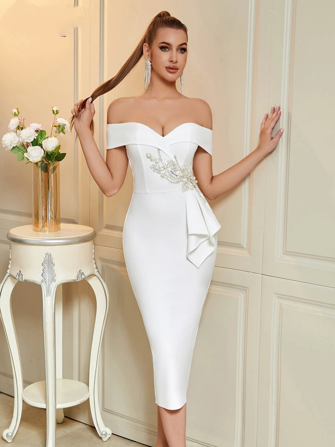 Olivia New Summer For Women Sleeveless Bodycon Club Party Dresses Vestidos Off Shoulder Beaded Floral Bandage Dress