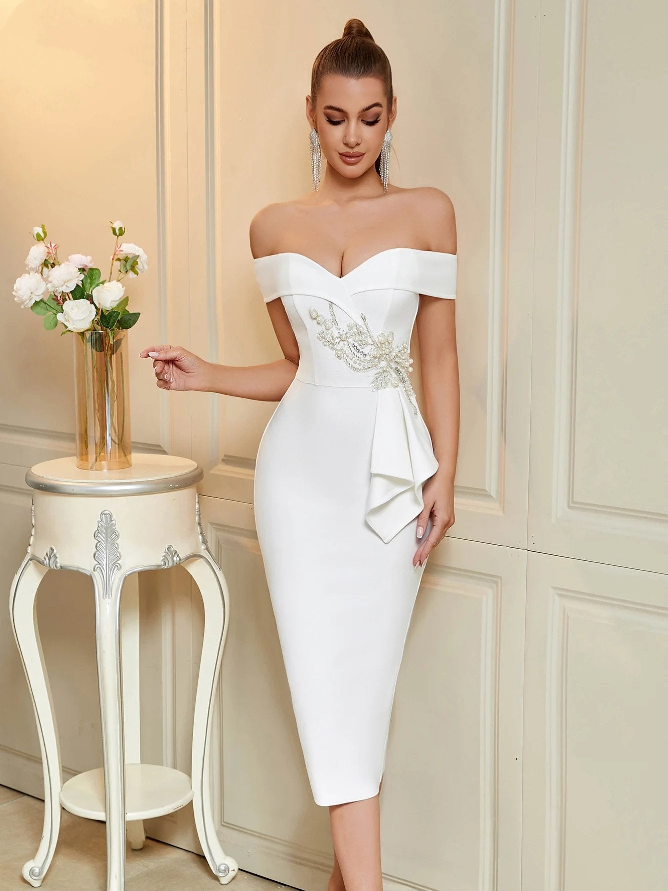 Olivia New Summer For Women Sleeveless Bodycon Club Party Dresses Vestidos Off Shoulder Beaded Floral Bandage Dress