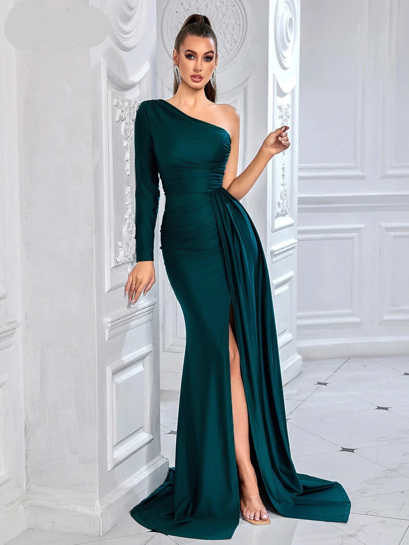 Olivia  Summer Elegant One-Shoulder Dress: sexy high split maxi dress with long sleeves, perfect for celebrities and runway parties.